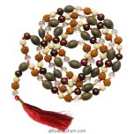 Panch Bhoot Mala | A Combination of 108 beads of Sandalwood ( Red Chandan ), Lotus Seed ( Kamal Gatta ), Rudraksha, Quartz Crystal ( Sphatik ) and Tulsi Beads