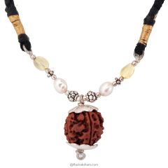 Scorpio Sun Sign Zodiac Pendant | Vrishchik ( Vrischika ) Rashi Pendant | A Combination of 5 Mukhi Rudraksha Bead Pendant with Pearl & Golden Topaz Gemstone Beads in Silver | Energised Pendant