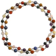 7 Gemstone and Rudraksha Healing Chakra Mala Necklace | Rose Quartz, Orange Carnelian, Amethyst, Camel Agate, Lapis Lazuli, Yellow Aventurine and Moss Agate Beads