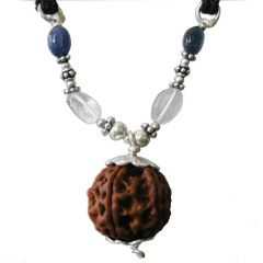  Aquarius Sun Sign Zodiac Pendant | Kumbh ( Kumbha ) Rashi Pendant | A Combination of 6 Mukhi Rudraksha Bead Pendant with Blue Sapphire & Sphatik ( Crystal / Quartz ) Gemstone Beads in Silver | Energised Pendant