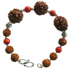  Aries Zodiac Sun Sign Bracelet | Mesha ( Mesh ) Rashi Bracelet | A Combination of 3 Mukhi Rudraksha and 5 Mukhi Rudraksha with Coral Gemstone Beads in Silver | Energised Bracelet