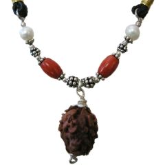 Cancer Sun Sign Zodiac Pendant |  Kark ( Karka ) Rashi Pendant | A Combination of 2 Mukhi Rudraksha Bead Pendant with Pearl and Coral Gemstone Beads in Silver | Energised Pendant