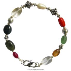 Navratna Bracelet with Silver Accessories, 9 Gemstone Bracelet | Rudraksha Navgrah Stone Bracelet, Ruby, Pearl, Coral, Emerald, Golden Topaz, Sphatik, Blue Sapphire, Gomed & Cat's Eye