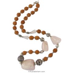 Rudraksha Rose Quartz Necklace 20 inch, Natural Rose Quartz uncut Stone ( Crystal ) and Rudraksha Beads mala with Silver Accessories