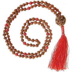  Rudraksha - Red Coral Mala in Thread