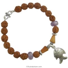 Rudraksha and Amethyst Stone Beads Bracelet with Silver Fish pendant 