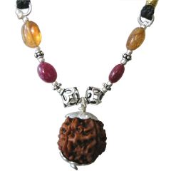 Sagittarius Sun Sign Zodiac Pendant |  Dhanu Rashi Pendant | A Combination of 5 Mukhi Rudraksha Bead Pendant with Ruby and Golden Topaz Gemstone Beads in Silver | Energised Pendant