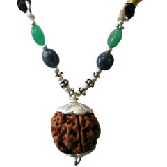 Taurus Sun Sign Zodiac Pendant | Vrishabh ( Vrishabha ) Rashi Pendant | A Combination of 6 Mukhi Rudraksha Bead Pendant with Emerald & Blue Sapphire Gemstone Beads in Silver | Energised Pendant