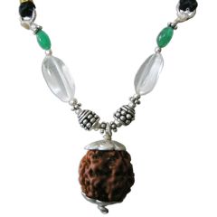 Virgo Sun Sign Zodiac Pendant | Kanya Rashi Pendant | A Combination of 4 Mukhi Rudraksha Bead Pendant with Emerald & Sphatik ( Quartz / Crystal ) Gemstone Beads in Silver | Energised Pendant